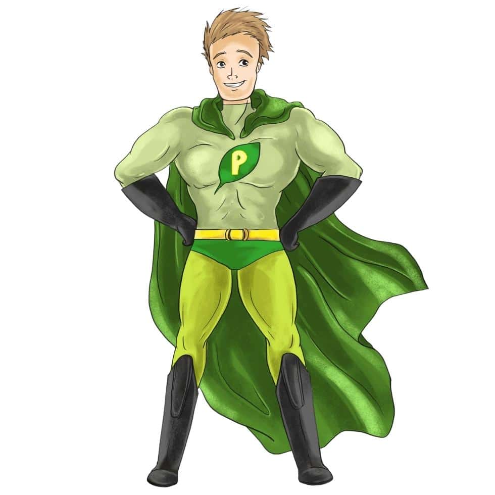 Umweltfreundlicher Superheld Paul Pulli mit grünem Anzug und wehendem Cape