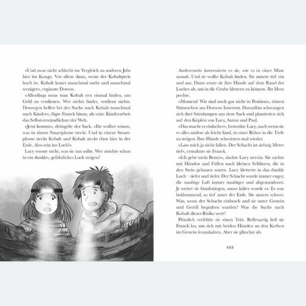 Kinderbuch-Seiten "Das Geheimnis von Henrietta Handy", Kapitel Kobaltgewinnung